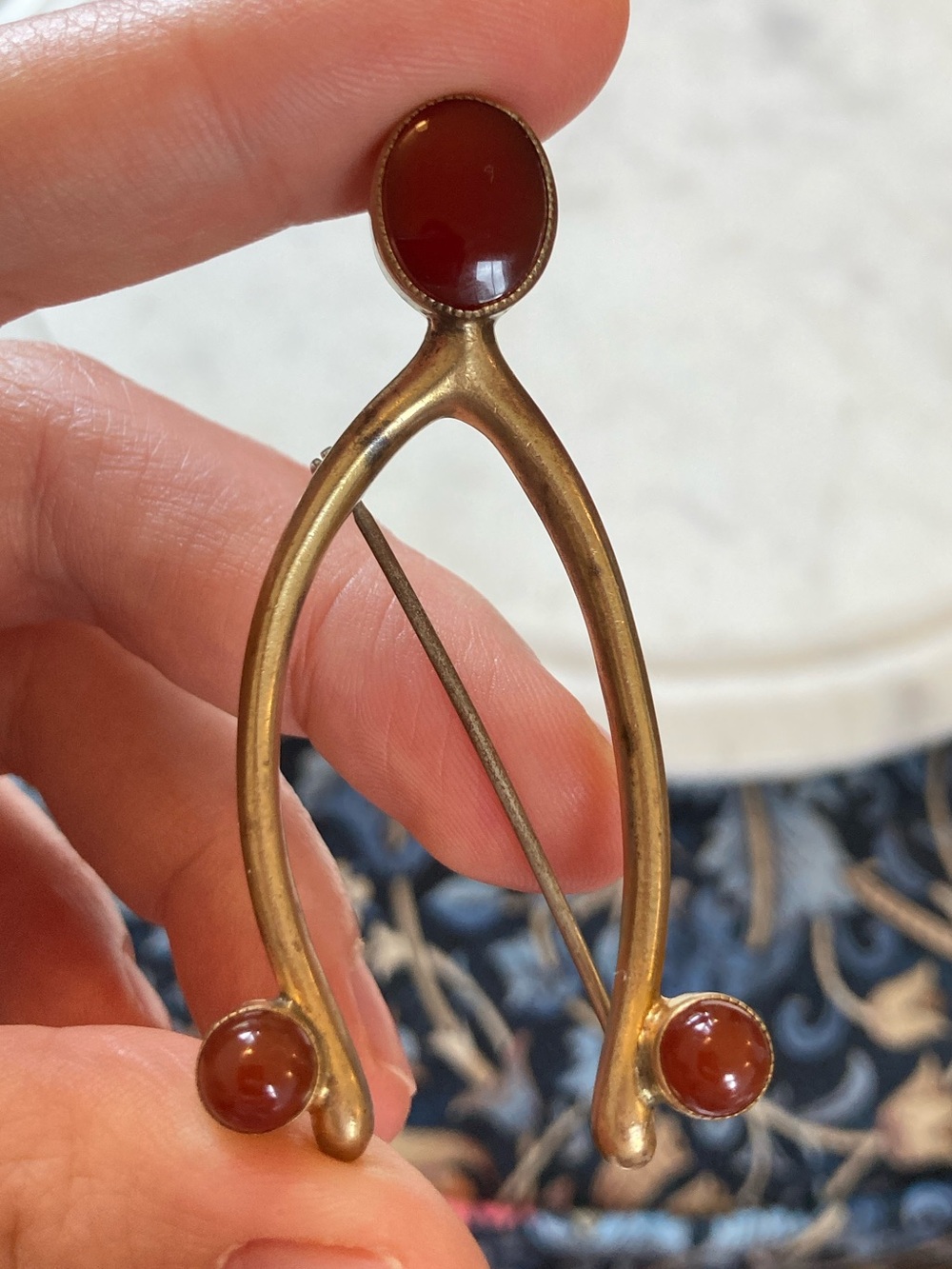 Antique Victorian? Carnelian Cabochon Large Wishbone Solid Gilt Brass Brooch